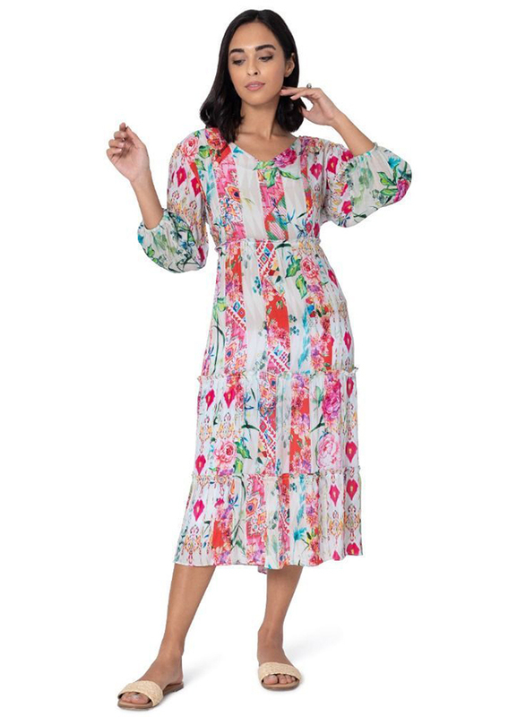 

Couture Labs Couturelabs Bloom Tropical Sunrise V-Neck 3/4 Three Quarter Sleeve Floral Print Midi Dress, Medium, Multicolour