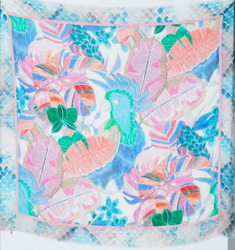 Couture Labs Kamea Flower & Bird Print Squared Silk Blend Scarf for Women, Multicolour