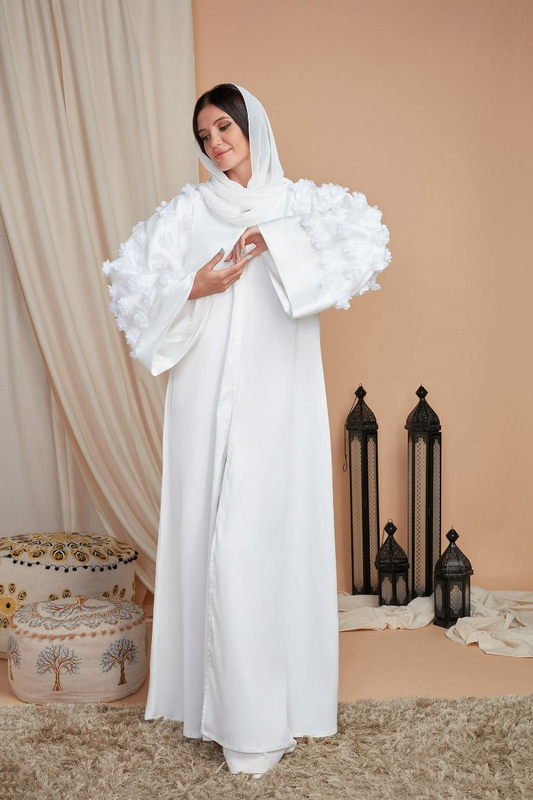 Couturelabs Aafreen Inayat Collection V-Neck Bell Sleeve Flower Print Abaya Dress, Small, Off White
