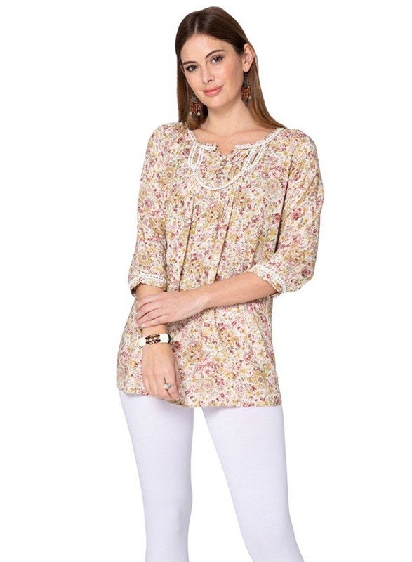 Couturelabs Juniper Pararie Days 3/4 Three-Quarter Sleeves Keyhole Neck Romantic Floral Print Blouse Top for Women, Extra Large, Beige