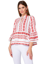 Couturelabs Setia Sunsets in Bali Long Sleeve Keyhole Neck Ikat Print Blouse for Women, Large, Red/White