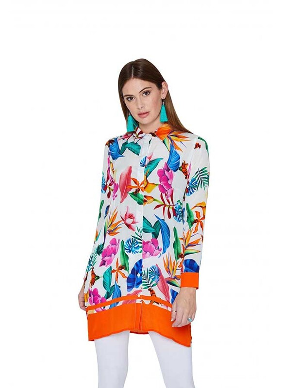 

Couture Labs Couturelabs Alicia Holiday in Ibiza Collared Neck Long Sleeve Floral Print Mini Dress, Small, Orange