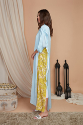 Couturelabs Aasma Inayat Collection V-Neck 3/4 Three Quarter Sleeve Floral Print Abaya Dress, Small, Blue/Yellow