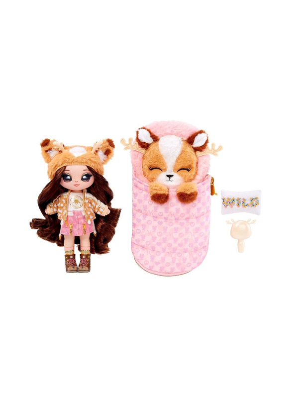 

Na! Na! Na! Surprise Camping Series Myra Woods Deer-Inspired 7.5" Fashion Doll with Brown Hair and Plush Deer Sleeping Bag, For Ages, 3+ Years