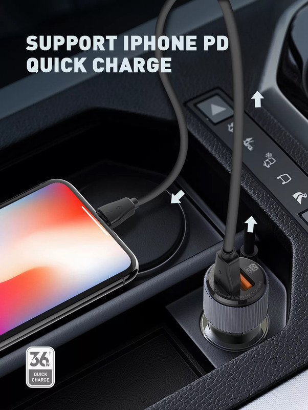 Ldnio Type-C Ports 36W High Power QC4+ USB C PD Car Charger With USB Cable, Black