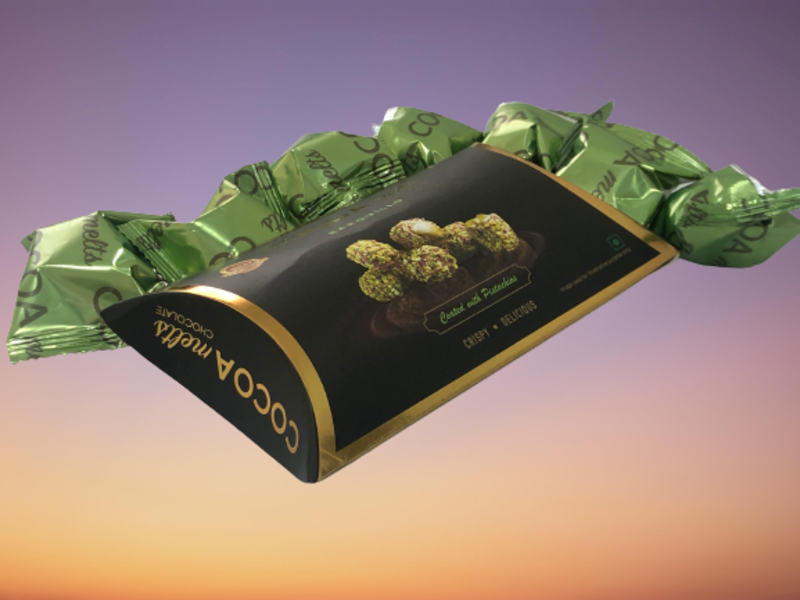 Barquillo PISTACHIOS Flavoured Pillow Pouch 60 Grams Pack Premium, Luxurious Chocolates Made in UAE with Best Quality, Tasty and Mouth Watering