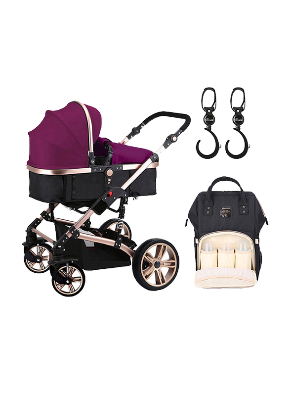 Teknum 3-in-1 Pram Stroller with Sunveno Black Diaper Bag and Hooks, Wine