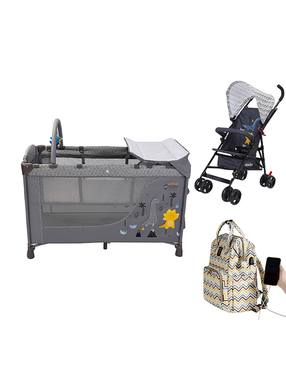 Little Story Playard with Stroller and Diaper Bag Set, Grey
