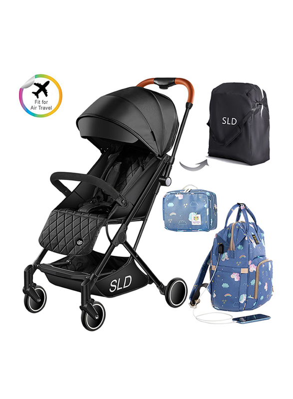 Teknum Travel Lite Baby Stroller, with Sunveno Unicorn Diaper Bag and Clutch Combo, Black