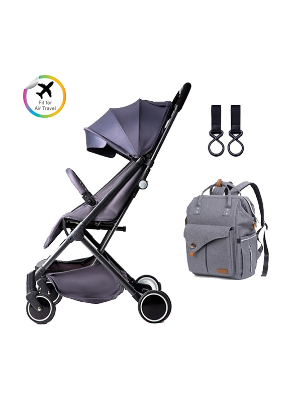 Teknum Travel Lite Stroller with Alameda Diaper Backpack Large and Hooks, Grey