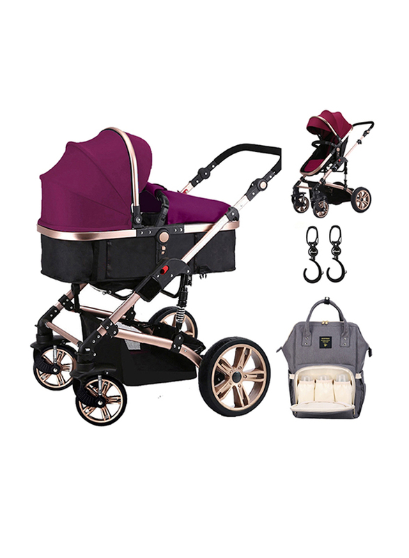 Teknum 3-in-1 Pram Stroller with Sunveno Grey Diaper Bag and Hooks, Wine