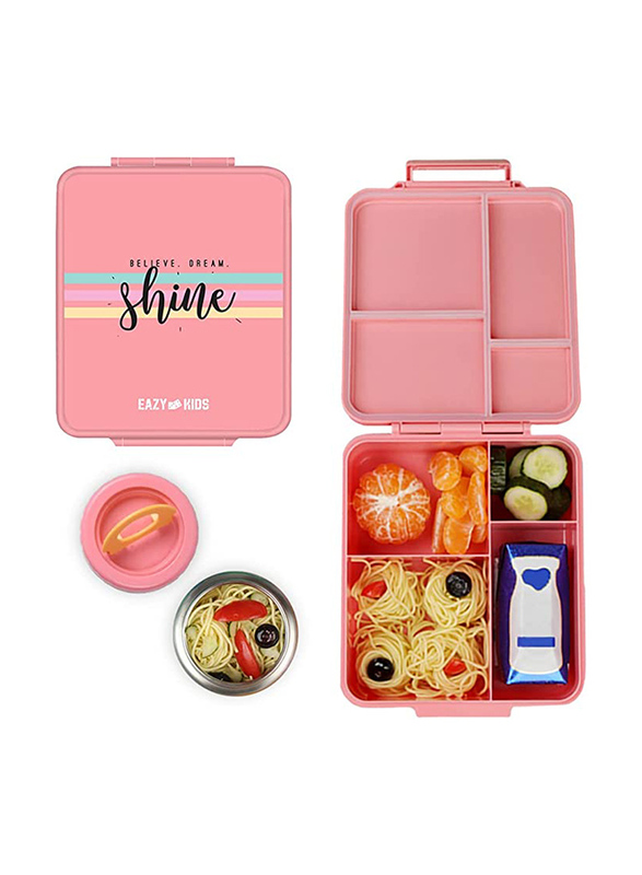 

Eazy Kids Unicorn Believe Dream Shine Bento 4-Compartment Insulated Lunch Bag with Lunch Box, Pink
