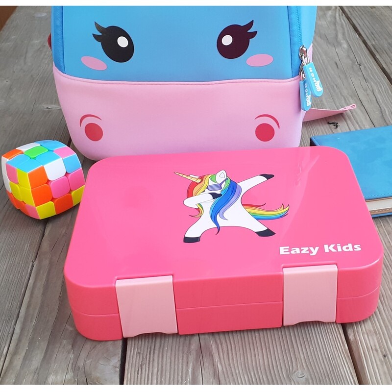 Eazy Kids 4 Compartment Bento Lunch Box with 2 Sandwich Cutter, 2 Veggie Cutter and 10 Animal Shaped Fruit Picks, Unicorn, Pink