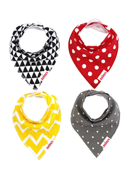 Eazy Kids 4-Pieces Organic Cotton Bandana Bibs Set, Triangle/Dots, Black/Yellow/Red/Grey