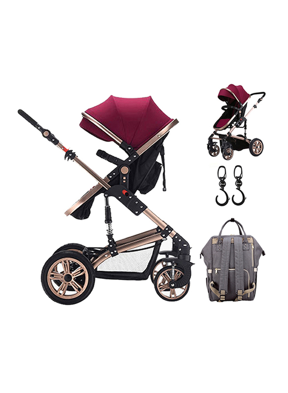 Teknum 3-in-1 Pram Stroller with Sunveno Grey Diaper Bag and Hooks, Wine