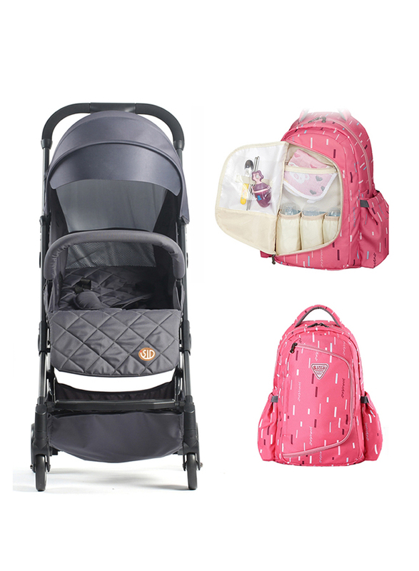 Teknum Travel Lite Stroller, SLD with Sunveno 2-in-1 Diaper Pink Bags and Sunveno Rotating Stroller Hook, Dark Grey