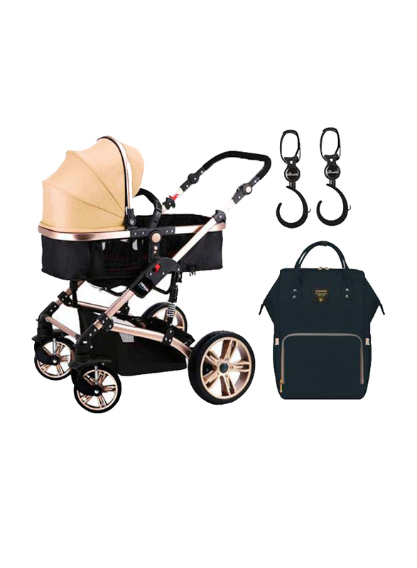 Teknum 3-in-1 Pram Stroller with Sunveno Black Diaper Bag and Hooks, Khaki