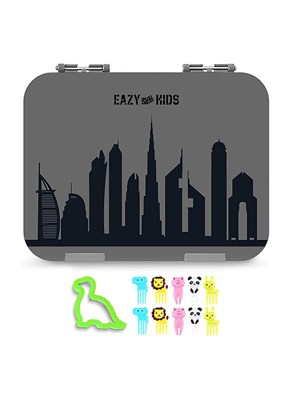 

Eazy Kids Skyline Bento Lunch Box with 1 Sandwich Cutter & 10 Animal Shaped Fruit Pick, Dark Grey