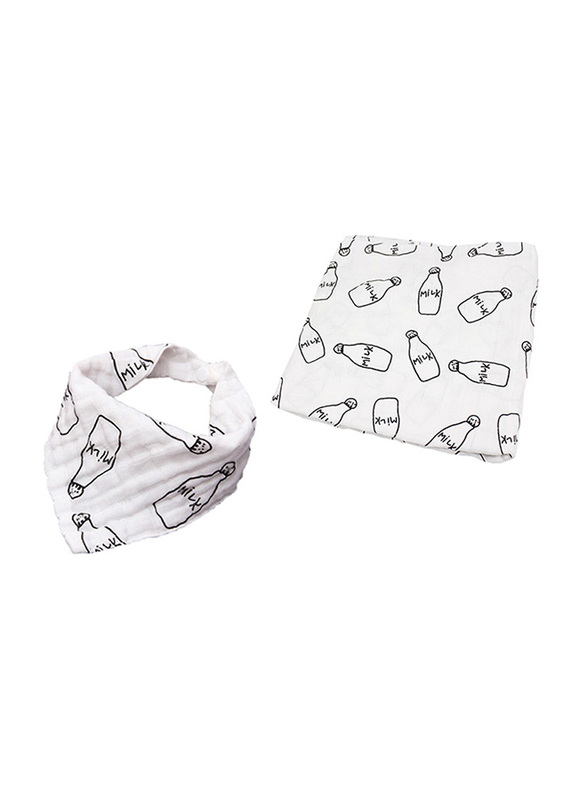 Eazy 2-Pieces Kids Cotton Muslin Swaddle and Bib Set, Newborn, Milk Bottle, XL, White