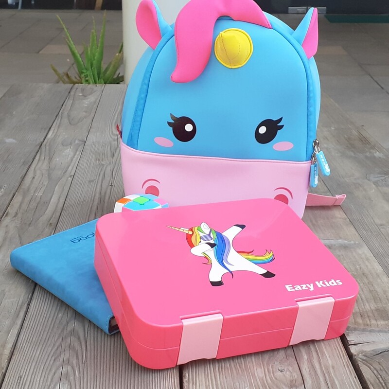 Eazy Kids 4 Compartment Bento Lunch Box with 2 Sandwich Cutter, 2 Veggie Cutter and 10 Animal Shaped Fruit Picks, Unicorn, Pink