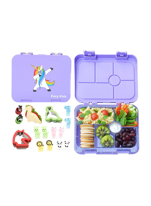 

Eazy Kids 6 Compartment Bento Lunch Box with 2 Sandwich Cutter, 2 Veggie Cutter and 10 Animal Shaped Fruit Picks, Unicorn, Purple