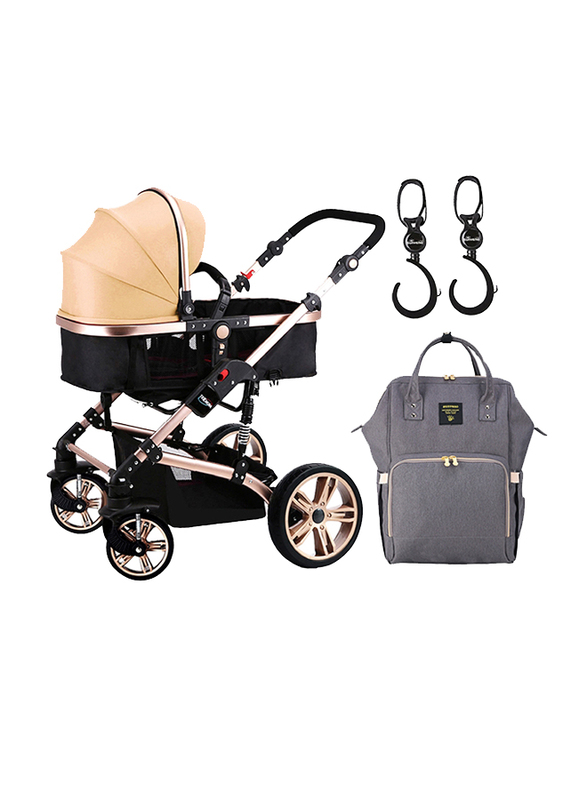 Teknum 3-in-1 Pram Stroller with Sunveno Grey Diaper Bag and Hooks, Khaki