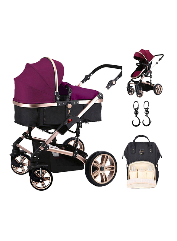 Teknum 3-in-1 Pram Stroller with Sunveno Black Diaper Bag and Hooks, Wine