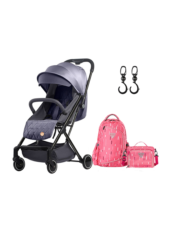 Teknum Travel Lite Stroller, SLD with Sunveno 2-in-1 Diaper Pink Bags and Sunveno Rotating Stroller Hook, Dark Grey
