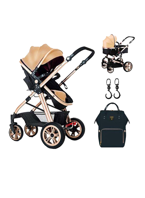 Teknum 3-in-1 Pram Stroller with Sunveno Black Diaper Bag and Hooks, Khaki