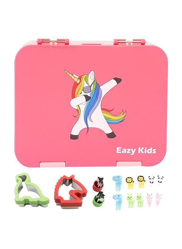 Eazy Kids 4 Compartment Bento Lunch Box with 2 Sandwich Cutter, 2 Veggie Cutter and 10 Animal Shaped Fruit Picks, Unicorn, Pink