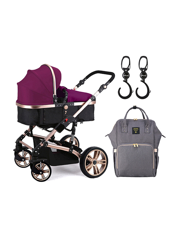 Teknum 3-in-1 Pram Stroller with Sunveno Grey Diaper Bag and Hooks, Wine