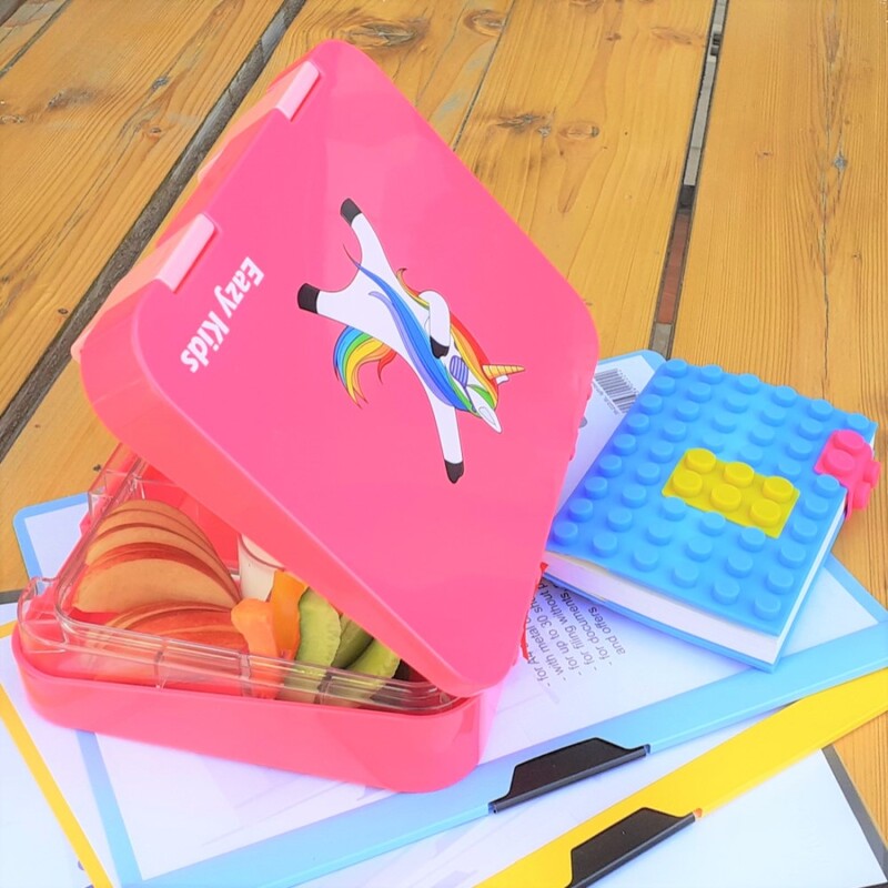 Eazy Kids 4 Compartment Bento Lunch Box with 2 Sandwich Cutter, 2 Veggie Cutter and 10 Animal Shaped Fruit Picks, Unicorn, Pink
