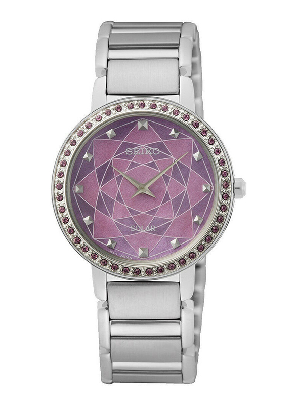 Seiko Solar Analog Watch for Women with Stainless Steel Band, Water Resistant, SUP453P1, Silver-Pink