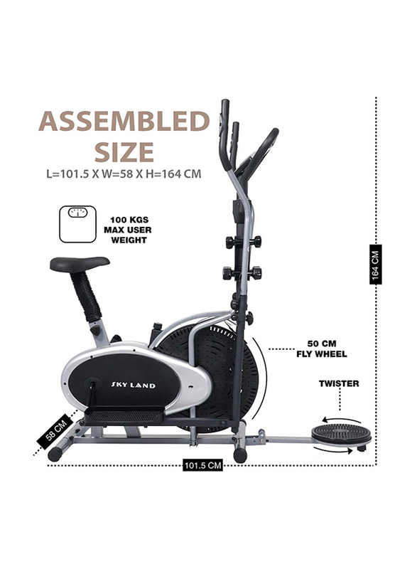 Sky Land Fitness Exercise Bike 4-in-1 Orbitrac Elliptical Cycle with Twister and Barbell 2 Sets, EM-1132, Silver/Black