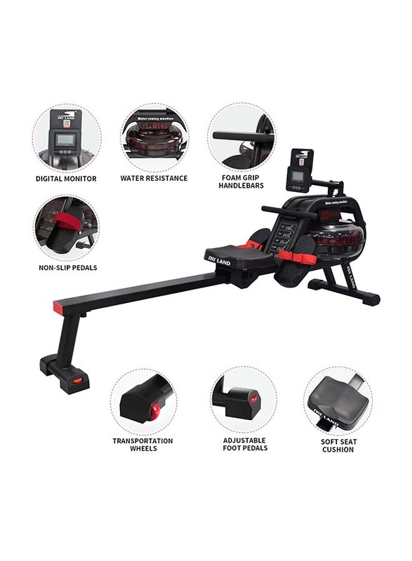 Sky Land Smooth & Quiet Water Rowing Machine with Bluetooth App, Equip with Gadget Support, Soft Seat & LCD Digital Monitor, GM-8143, Black/Red