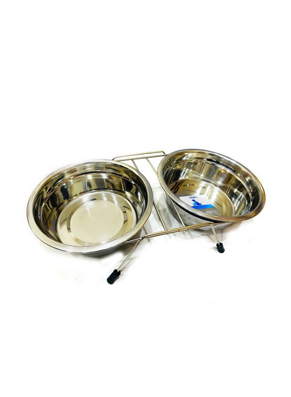 

Pado Silent Dinner Stainless Steel Double Bowl with Holder Stand, 64oz, Silver