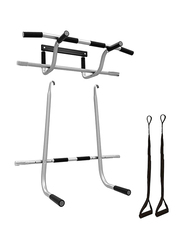 Ultimax Triple Door Gym Ultimate 3 in 1 Doorway Trainer Raised Height Pull Up Bar, Dips Bar & 2 Suspension Straps, Black/Silver