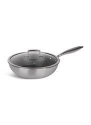 Edenberg 30cm Non-Stick Stainless Steel Round Wok Fry Pan with Lid, Silver