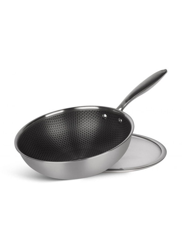 Edenberg 30cm Non-Stick Stainless Steel Round Wok Fry Pan with Lid, Silver