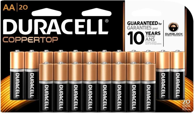 Duracell AA Coppertop Alkaline Battery, 20 Pieces, Brown/Black
