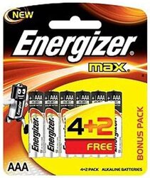 Energizer AA Max Alkaline Battery, 1 Cards of 6 Batteries, 4 +2 Free Bonus Pack, Silver/Black