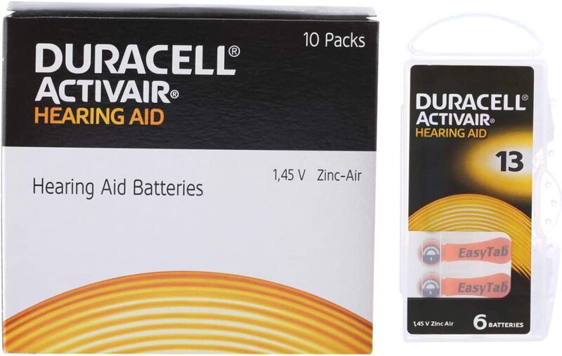 Duracell Size 13 Hearing Aids Zinc Batteries, 6 Pieces, Silver/Orange