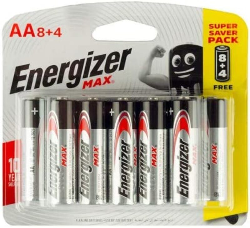 

Energizer Max AA Alkaline Batteries, 8 + 4 Pieces, Silver/Black
