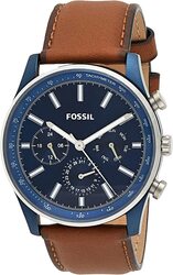 Fossil Sullivan Analog Watch for Men with Leather Genuine Band, Water Resistant and Chronograph, BQ2512, Blue-Brown