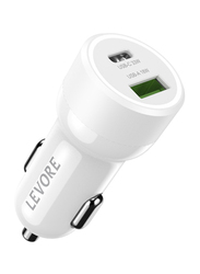 Levore 51W 1XUSB-C PD & 1XUSB-A QC3 Port Car Charger, White