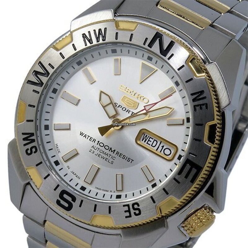 Seiko Analog Watch for Men with Stainless Steel Band, Water Resistant, SNZF08J1, Silver-Gold/Silver