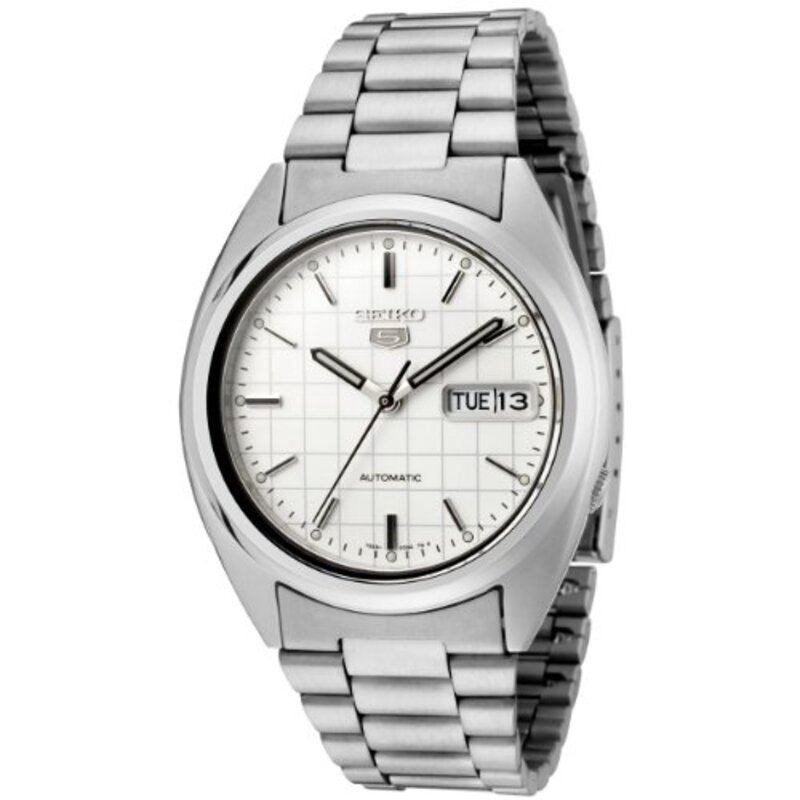 Seiko 5 Analog Automatic Watch for Men with Stainless Steel Band, Water Resistant, SNXF05K, Silver-White