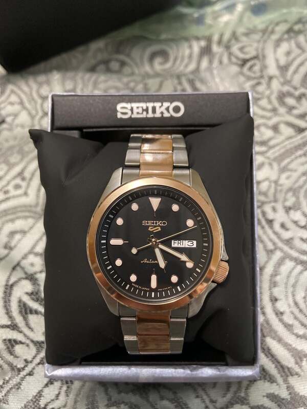 Seiko 5 Sports Automatic Analog Watch for Men with Stainless Steel Band, Water Resistant, SRPE58K1, Rose Gold-Black