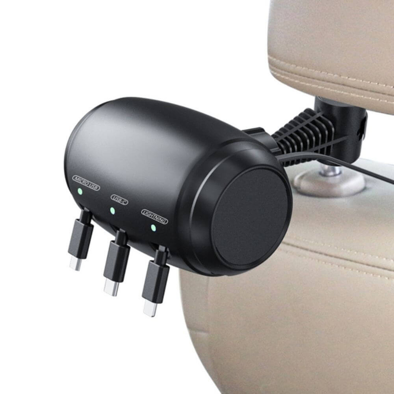 

AS2 Charging Station for Backseat with Micro, Lightening & Type USB C Cable, Black