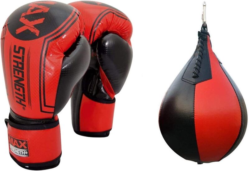 

MaxStrength 10oz Boxing Gloves Plus Speed Ball Muay Thai Hanging Bag Boxing Training Set, Black/Red